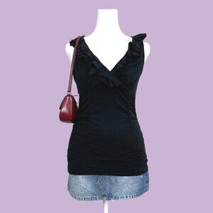 black essential basic y2k sleeveless top with ruffle collar and ruched sides